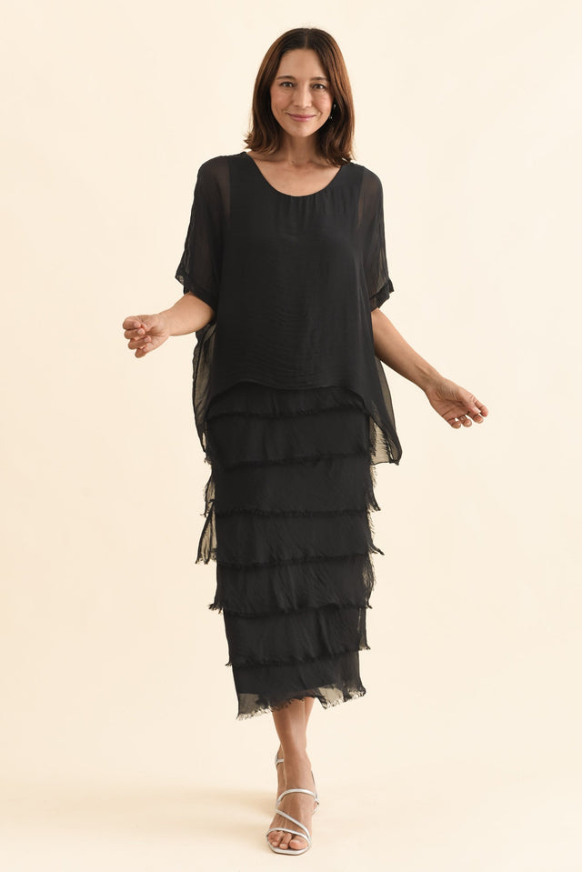 Britt Black Silk Layer Dress,Full Body,Brunette model,alt text|model:Cara image 2