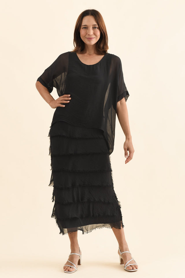 Britt Black Silk Layer Dress,Full Body,Brunette model,alt text|model:Cara image 6