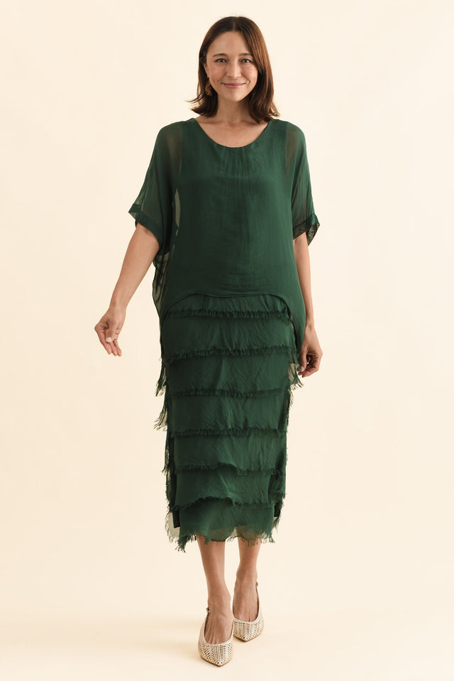 Britt Green Silk Layer Dress,Full Body,Brunette model,alt text|model:Cara image 3