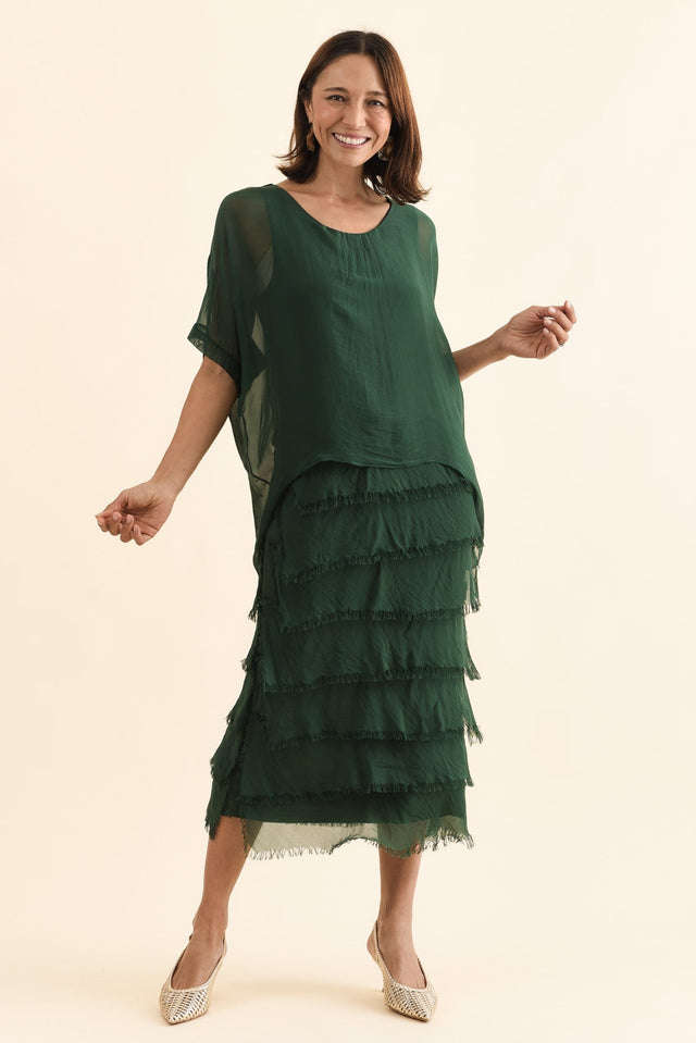 Britt Green Silk Layer Dress,Front,Brunette model,alt text|model:Cara