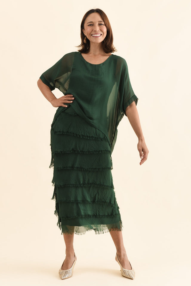 Britt Green Silk Layer Dress,Full Body,Brunette model,alt text|model:Cara image 7
