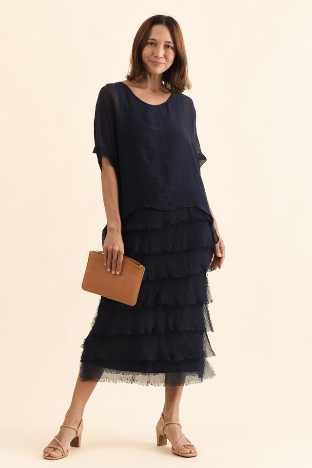 Britt Navy Silk Layer Dress,Front,Brunette model,alt text|model:Cara image 1