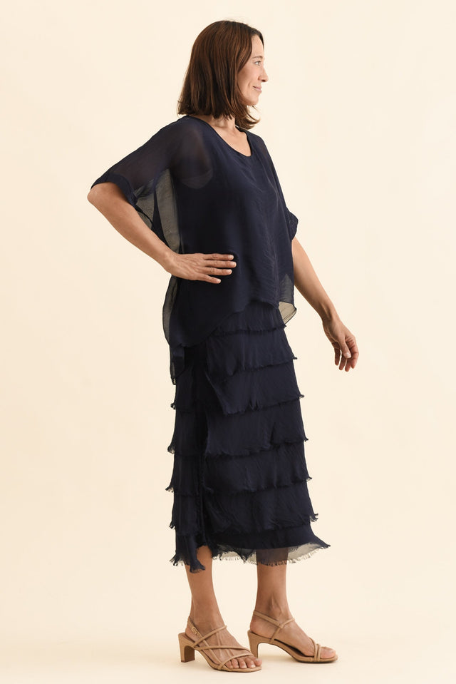 Britt Navy Silk Layer Dress,Side,Brunette model,alt text|model:Cara image 3