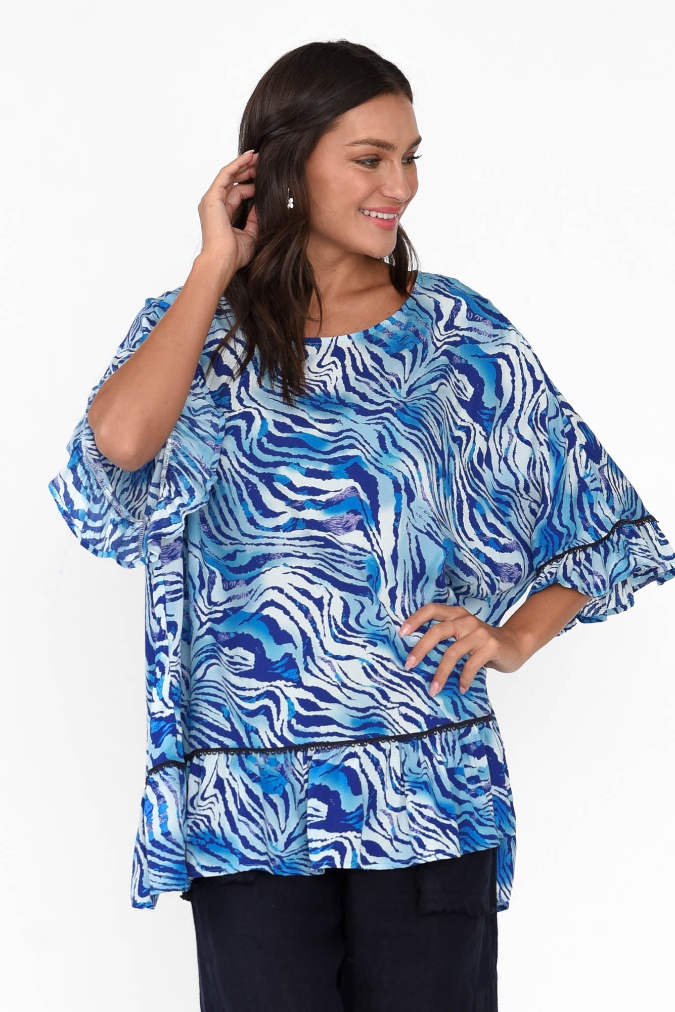 Brodie Blue Animal Frill Top Blue Bungalow NZ