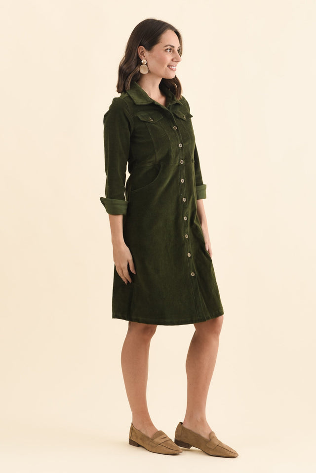 Bronwyn Forest Green Corduroy Button Dress - Blue Bungalow NZ