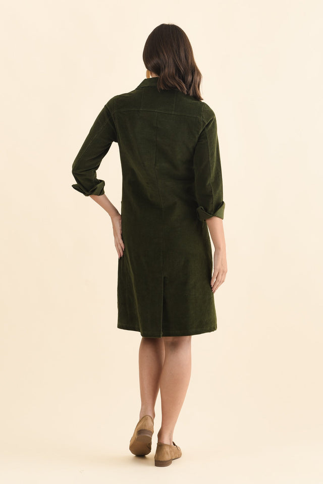 Bronwyn Forest Green Corduroy Button Dress,Brunette model,alt text|model:MJ image 5