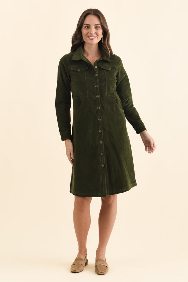 Bronwyn Forest Green Corduroy Button Dress,Brunette model,alt text|model:MJ image 7