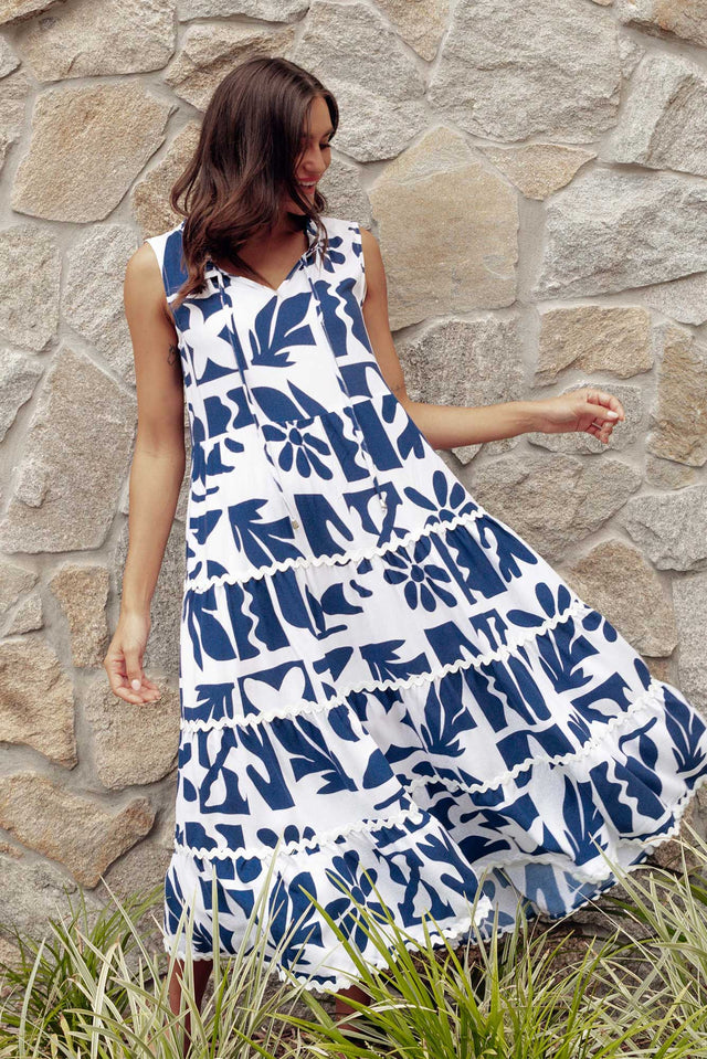 Brunswick Navy Mosaic Tiered Dress