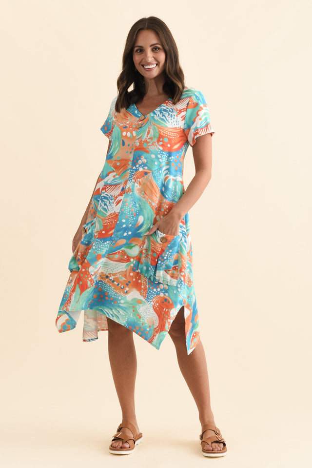 Bryant Orange Swirl Linen Cotton Dress,Brunette model,alt text|model:MJ image 7