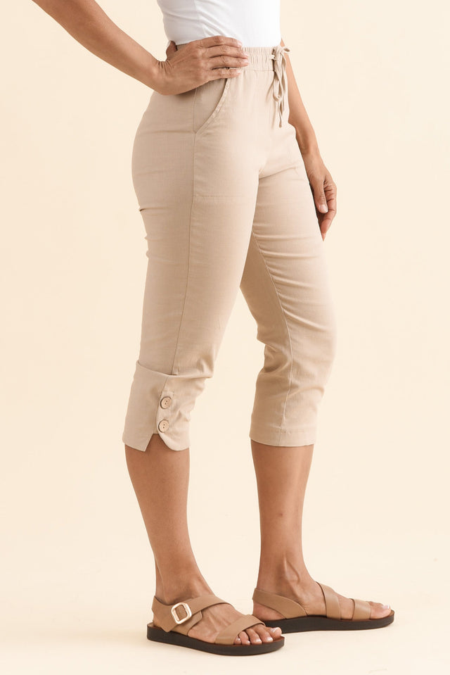 Bulimba Stone Cotton Capri Pants,Side,Brunette model,alt text|model:Cara image 3