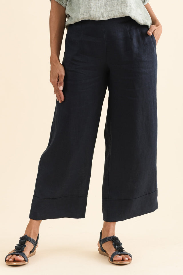 Cady Navy Linen Pants,Front,Brunette model,alt text|model:Cara image 1