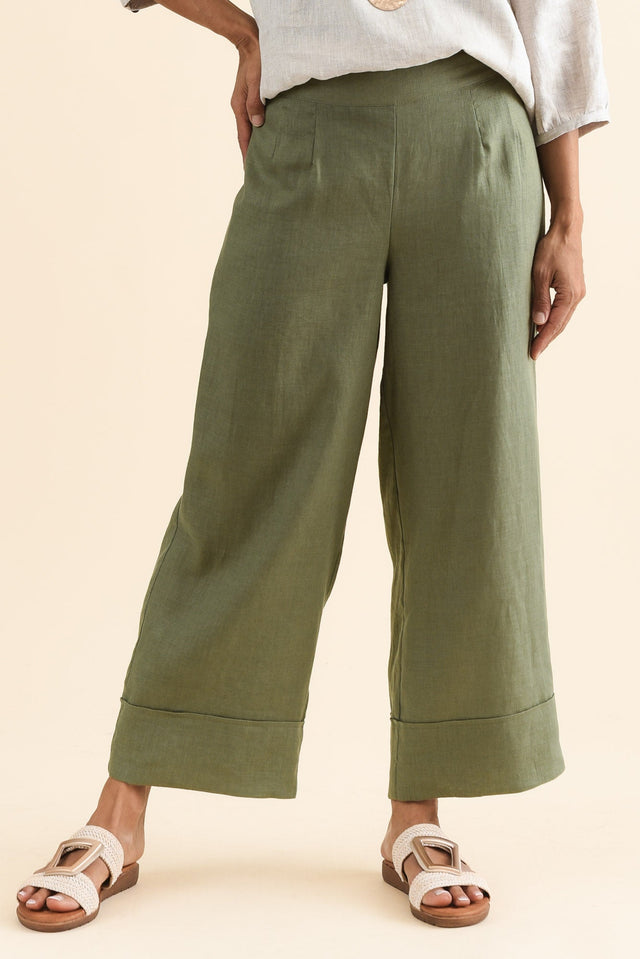 Cady Olive Linen Pants,Front,Brunette model,alt text|model:Cara