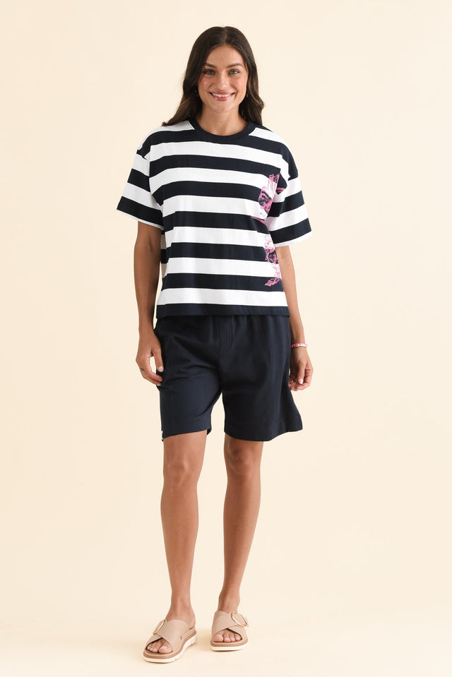 Summer Navy Cotton Fleece Shorts,Full Body,Brunette model,alt text|model:Brontie