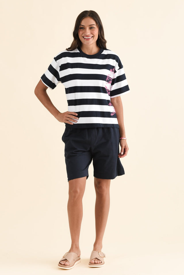 Caju Navy Stripe Cotton Tee,Full Body,Brunette model,alt text|model:Brontie