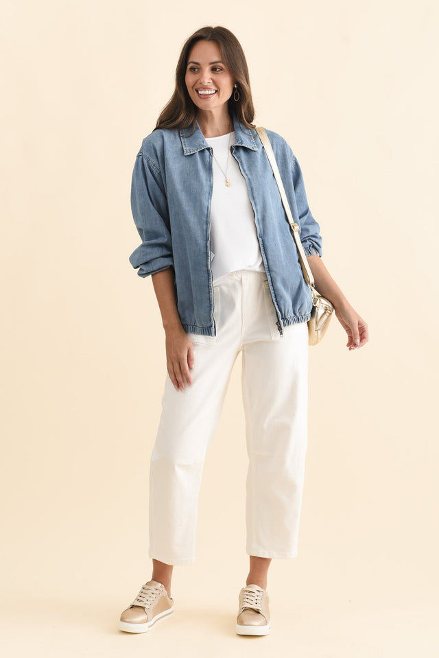Callie Blue Denim Bomber Jacket,Brunette model,alt text|model:MJ image 4