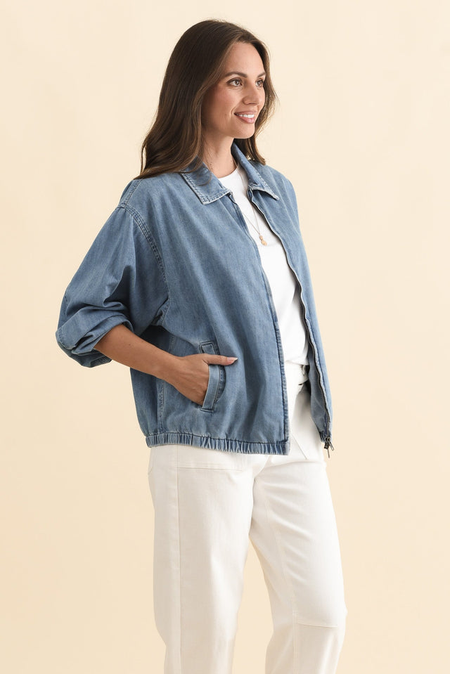 Callie Blue Denim Bomber Jacket,Brunette model,alt text|model:MJ image 5