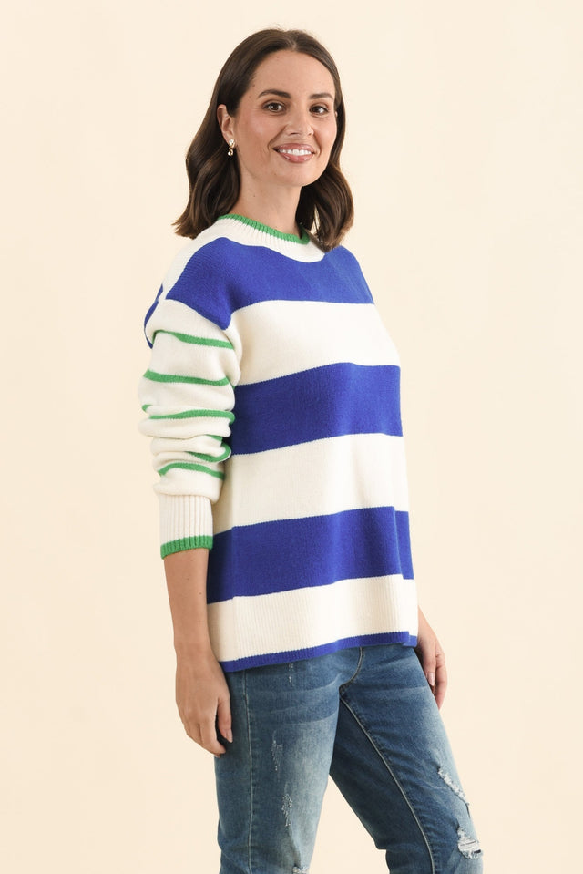 Camryn Blue Stripe Knit Jumper,Brunette model,alt text|model:MJ image 4