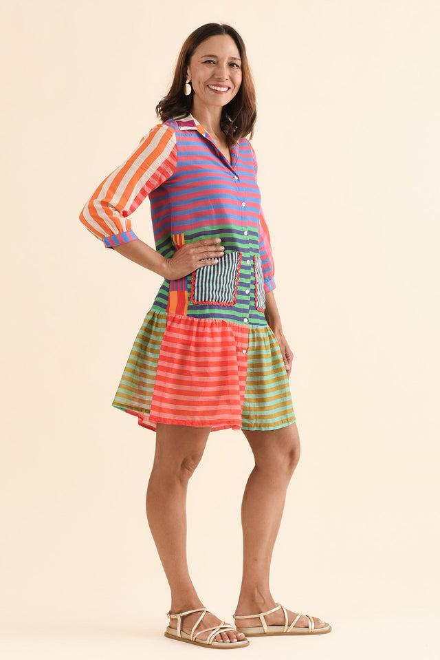 Canto Multi Stripe Cotton Collared Dress,Side,Brunette model,alt text|model:Cara image 3
