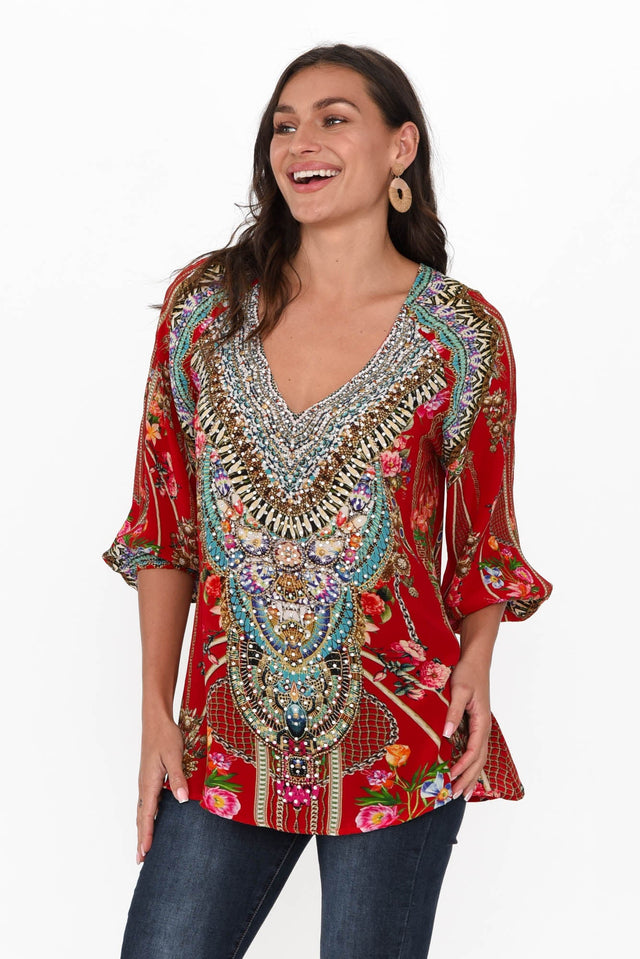 Capri Red Silk Gypsy Top neckline_V Neck sleevetype_Statement length_Hip hem_Straight sleeve_3/4 TOPS   alt text|model:Brontie image 1