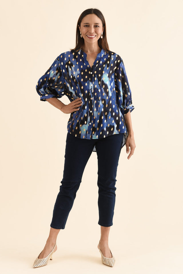 Carleen Blue Abstract Foil Button Top,Full Body,Brunette model,alt text|model:Cara image 2