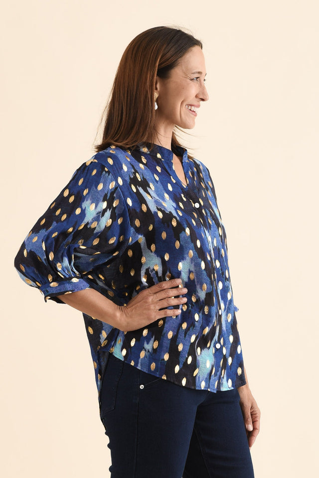 Carleen Blue Abstract Foil Button Top,Side,Brunette model,alt text|model:Cara image 3