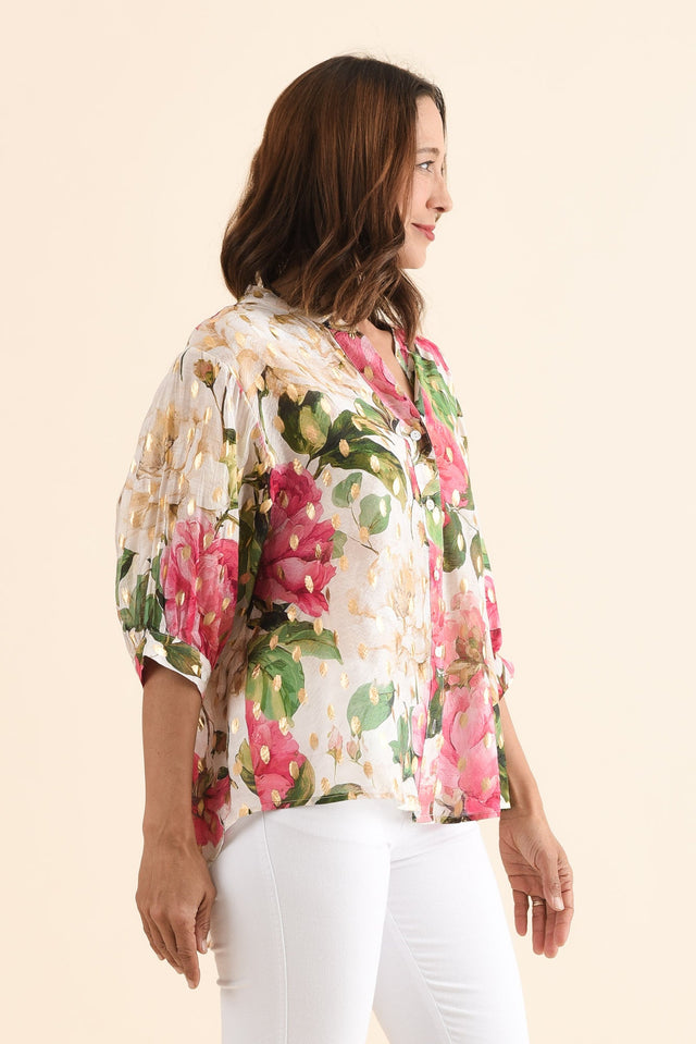 Carleen Pink Flower Foil Button Top,Side,Brunette model,alt text|model:Cara image 3