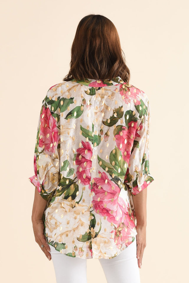 Carleen Pink Flower Foil Button Top,Back,Brunette model,alt text|model:Cara image 4