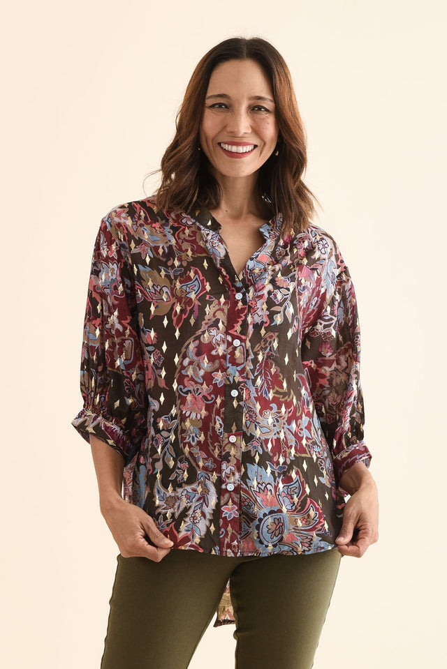 Carleen Red Flower Foil Button Top,Front,Brunette model,alt text|model:Cara image 1