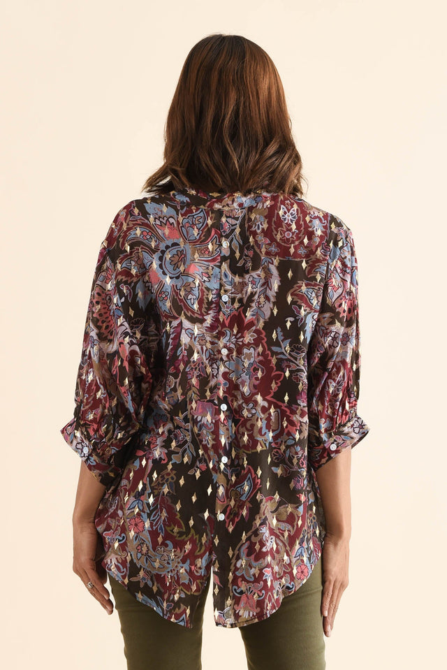 Carleen Red Flower Foil Button Top,Back,Brunette model,alt text|model:Cara image 4