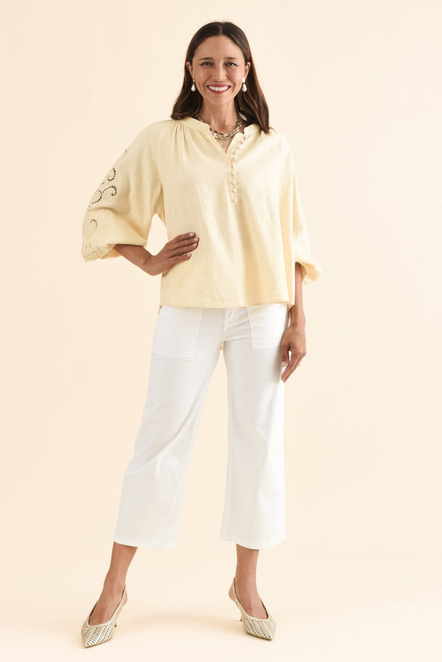 Carlson Yellow Embroidered Blouse,Full Body,Brunette model,alt text|model:Cara