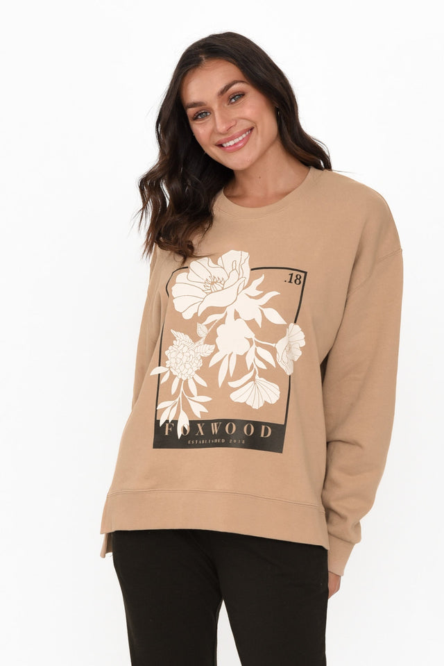 Carnation Tan Cotton Crew Jumper unknown neckline_Round hem_Straight print_Plain sleeve_Long colour_Tan JUMPERS   alt text|model:Brontie image 1