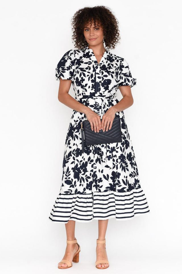 Carney Navy Floral Cotton Tiered Dress