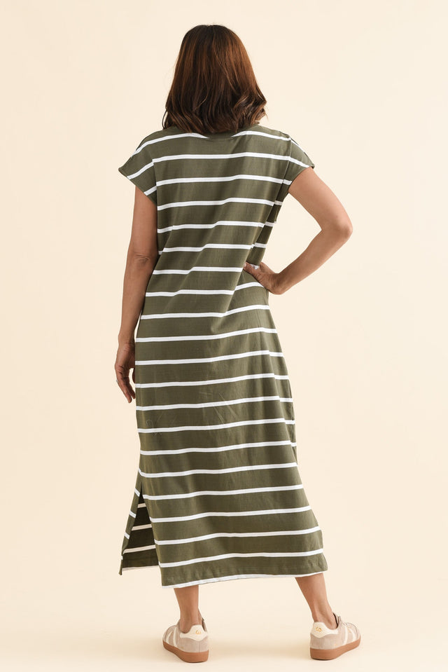 Casey Khaki Stripe Cotton Tie Dress,Back,Brunette model,alt text|model:Cara image 4