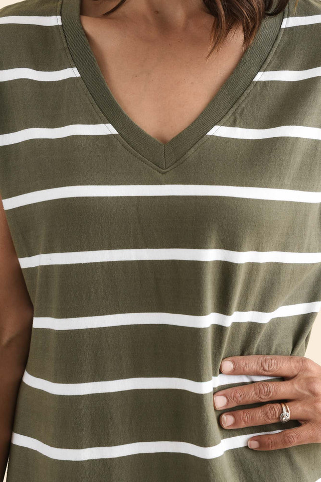 Casey Khaki Stripe Cotton Tie Dress,Detail,Brunette model,alt text|model:Cara image 5