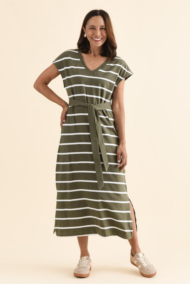 Casey Khaki Stripe Cotton Tie Dress,Full Body,Brunette model,alt text|model:Cara