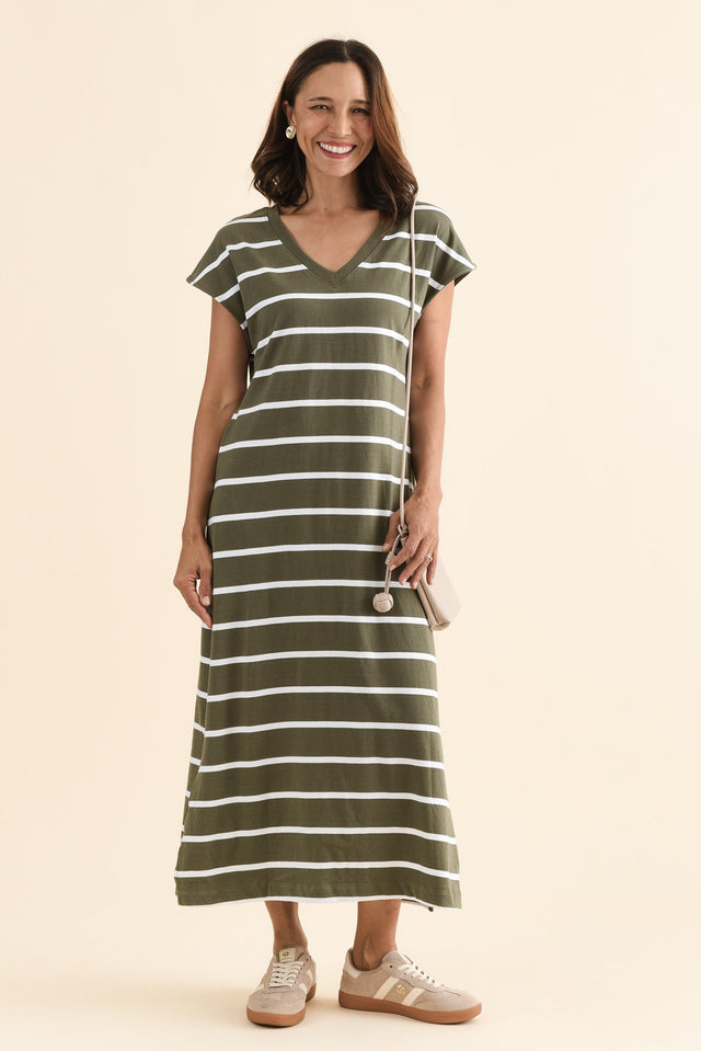Casey Khaki Stripe Cotton Tie Dress,Front,Brunette model,alt text|model:Cara