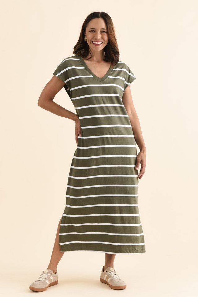 Casey Khaki Stripe Cotton Tie Dress,Full Body,Brunette model,alt text|model:Cara image 6