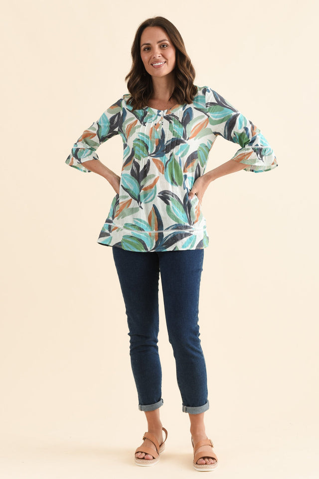 Cassidy Blue Leaf Cotton Sleeved Top,Full Body,Brunette model,alt text|model:MJ image 6