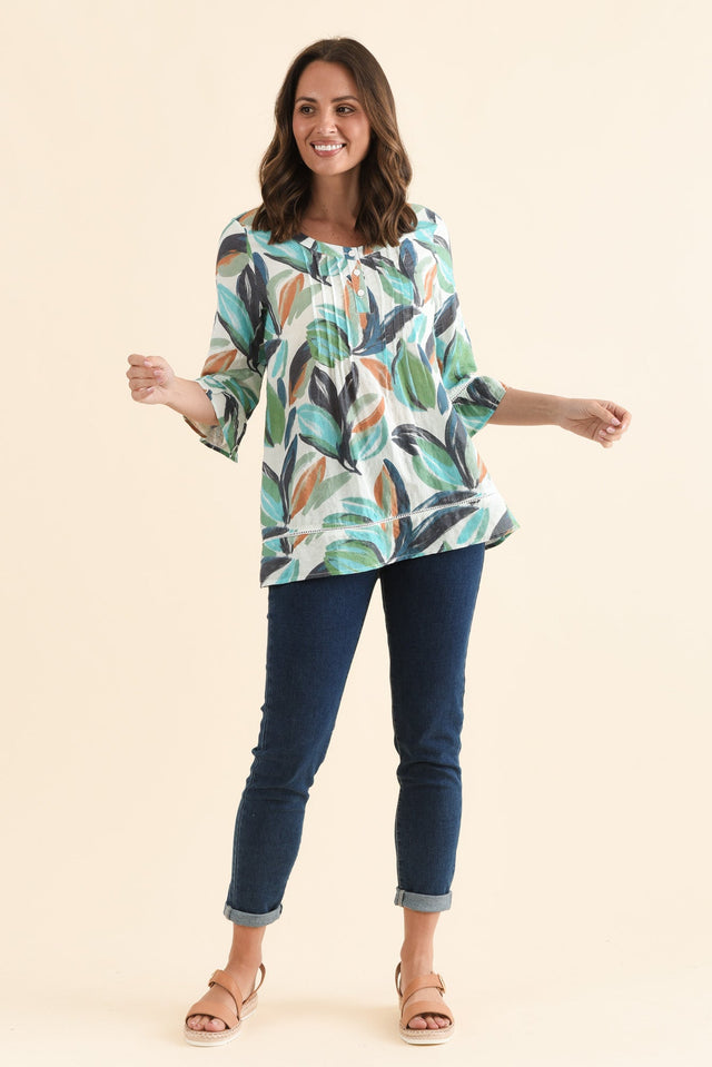 Cassidy Blue Leaf Cotton Sleeved Top,Full Body,Brunette model,alt text|model:MJ image 2