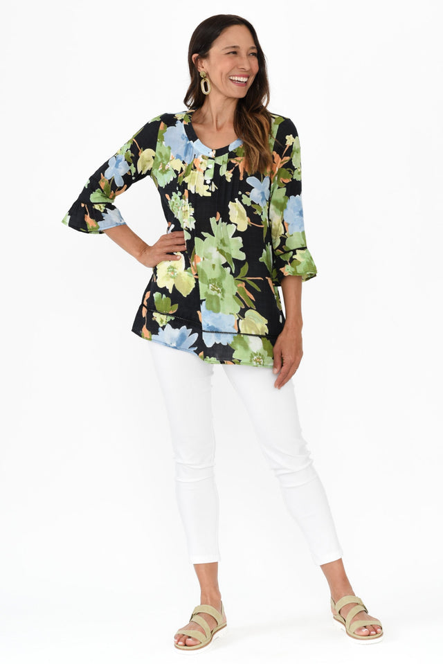 Cassidy Navy Flower Cotton Sleeved Top,Brunette model,alt text|model:Cara image 3