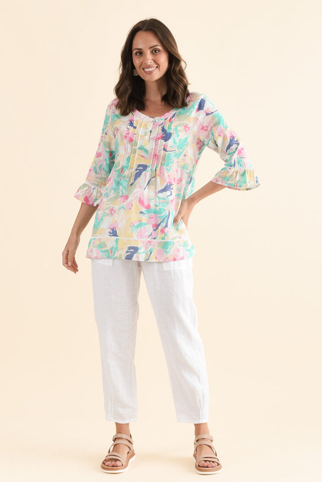 Cassidy Pink Flower Cotton Sleeved Top,Full Body,Brunette model,alt text|model:MJ image 2