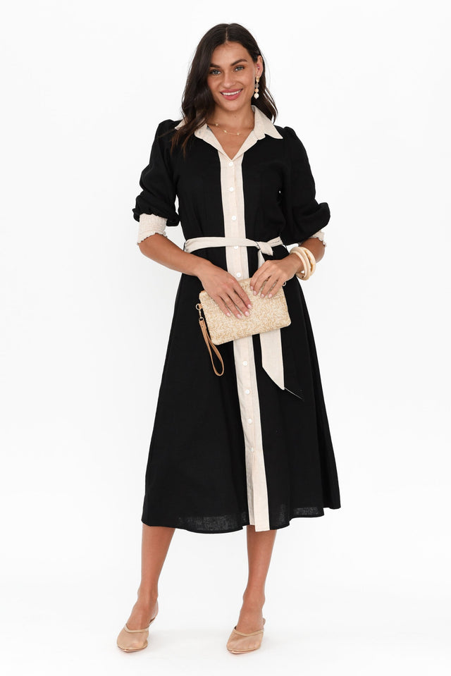 Catalina Black Trim Linen Blend Tie Dress