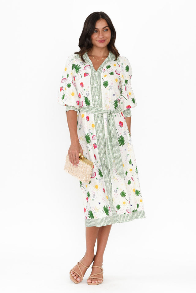 Catalina Cream Fruity Linen Blend Tie Dress