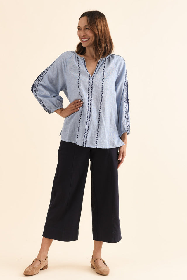 Caven Blue Cotton Embroidered Top,Full Body,Brunette model,alt text|model:Cara image 2