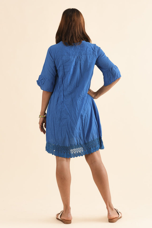 Cayman Blue Cotton Tunic Dress,Back,Brunette model,alt text|model:Cara image 4