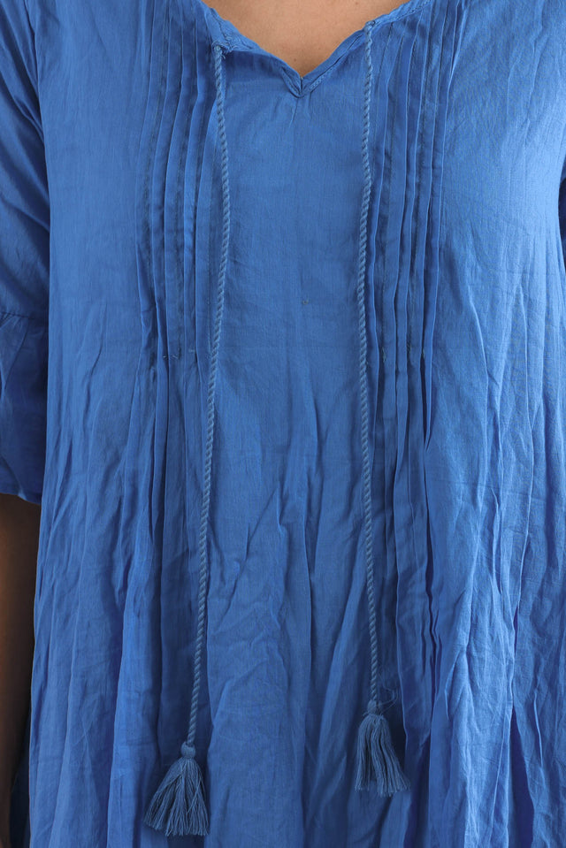 Cayman Blue Cotton Tunic Dress,Detail,Brunette model,alt text|model:Cara image 5