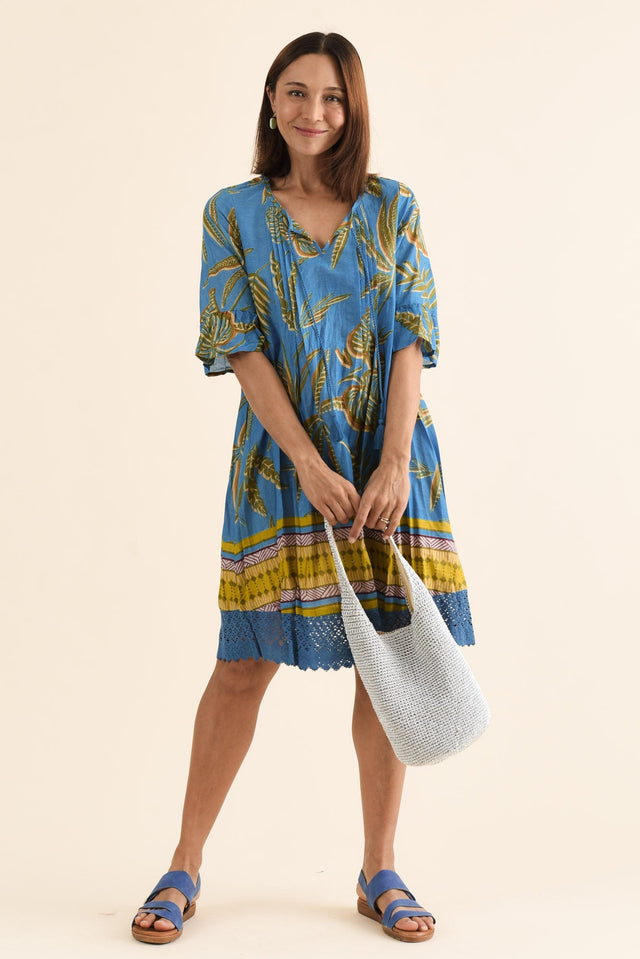 Cayman Blue Island Cotton Tunic Dress,Front,Brunette model,alt text|model:Cara image 1