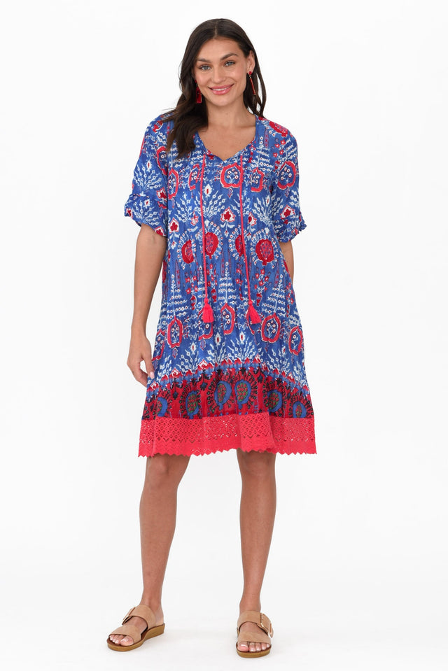 Cayman Blue Motif Cotton Tunic Dress hem_Straight length_Above Knee sleeve_Half sleevetype_Straight print_Paisley colour_Navy DRESSES   alt text|model:Brontie