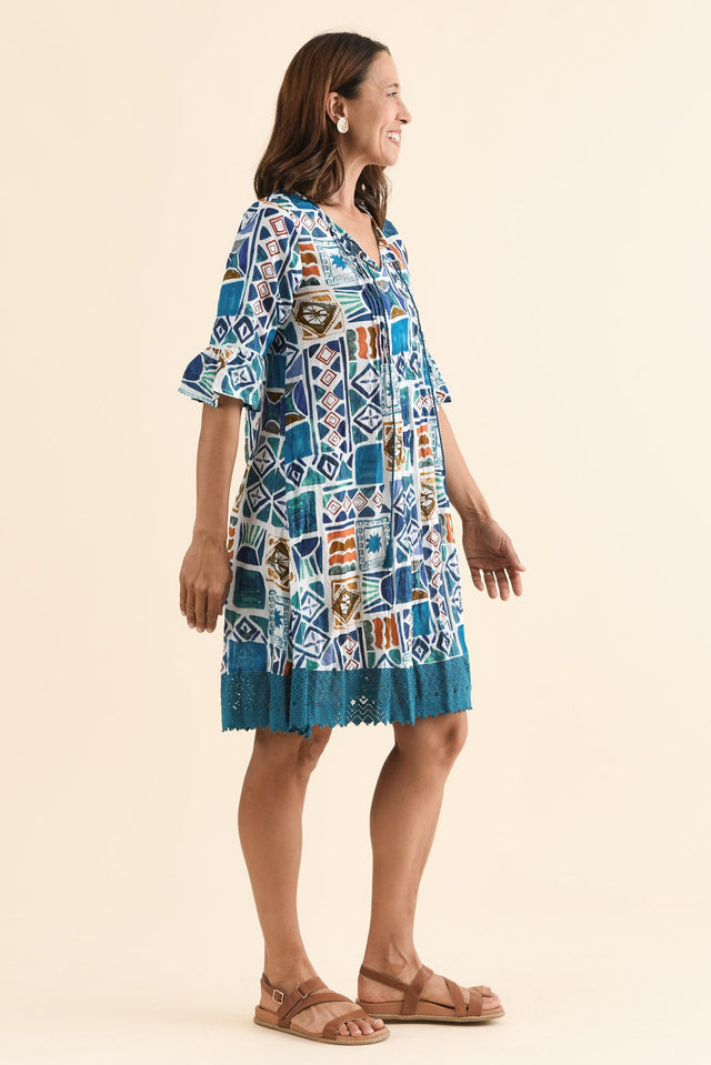 Cayman Blue Tile Cotton Tunic Dress,Side,Brunette model,alt text|model:Cara image 3
