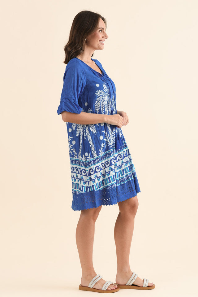Cayman Cobalt Beach Cotton Tunic Dress,Side,Brunette model,alt text|model:MJ image 3